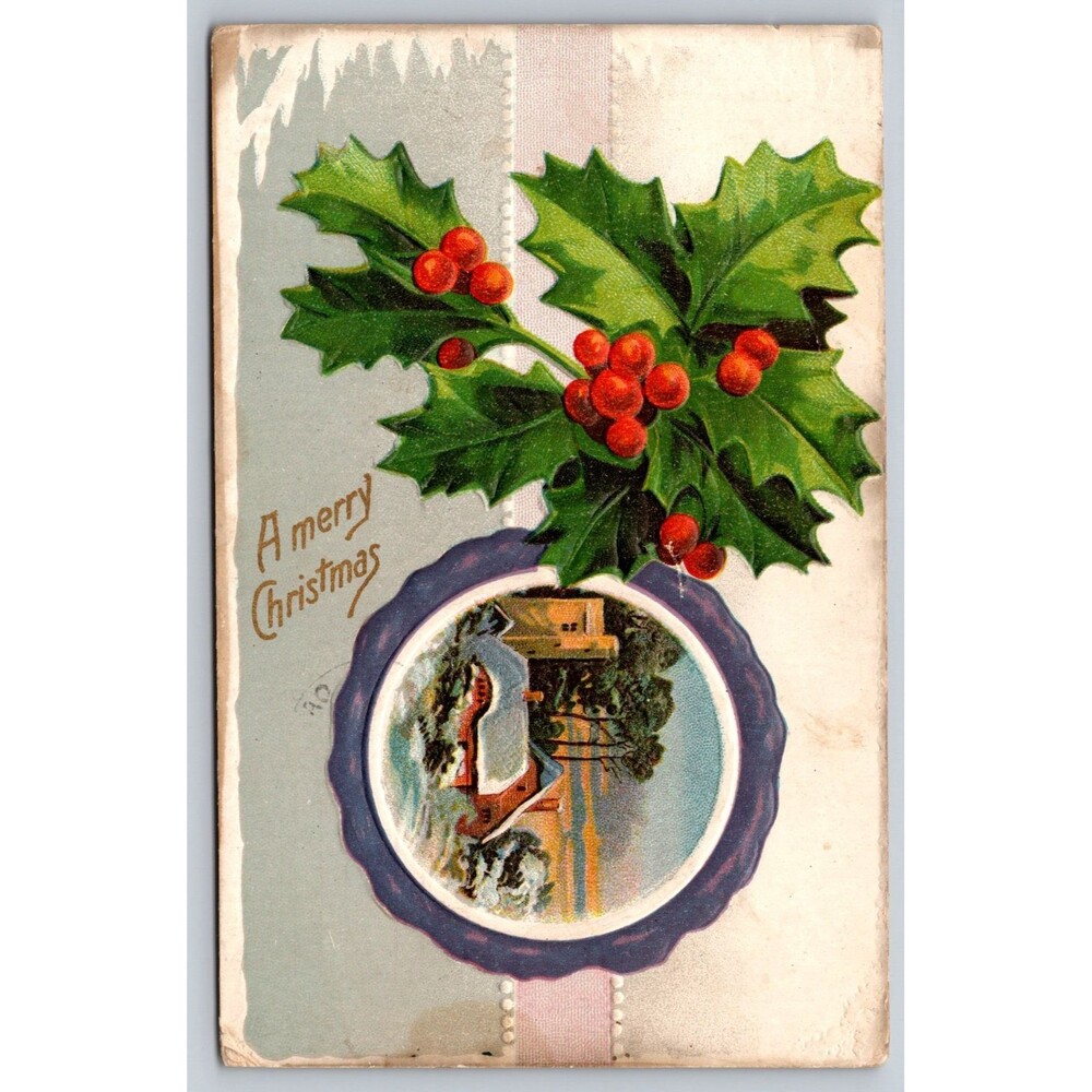 Postcard Merry Christmas Farm Snow Holly Embossed. Posted 1911 Stamp Oak Park IL